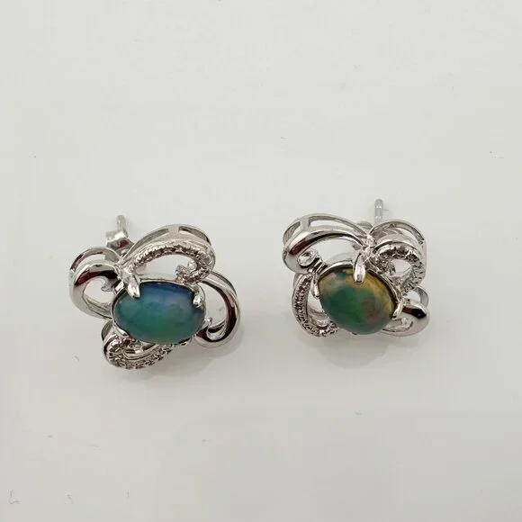 Mesmerizing Natural Cabochon Black Opal Earrings Diamond Accent Sterling Silver